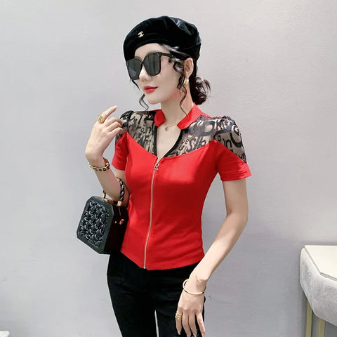 Summer European Clothes Sexy V Necks T-Shirt Women Embroidery Lace Front Zipper Slim Tops