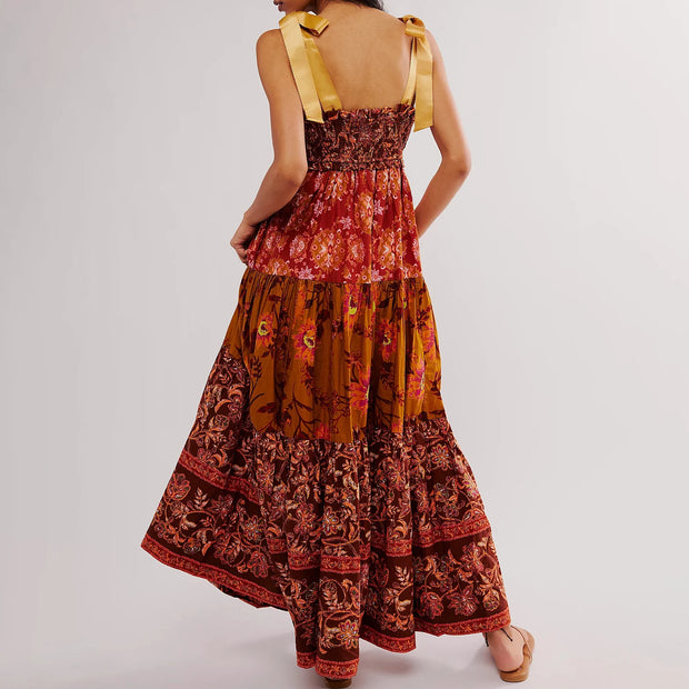 Imcute Women Summer Dresses Flowy Smocked Maxi Dress Sleeveless Tie Shoulder Boho Dresses Y2K Floral Beach Sundresses