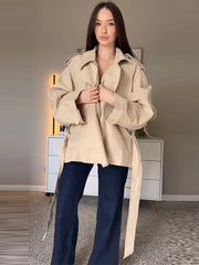 Lace Up Trench Coat With Belt Suit Collar Waist Cinched Slimming Drop Shoulder Short Windbreaker Jacket Retro Casual Outwear