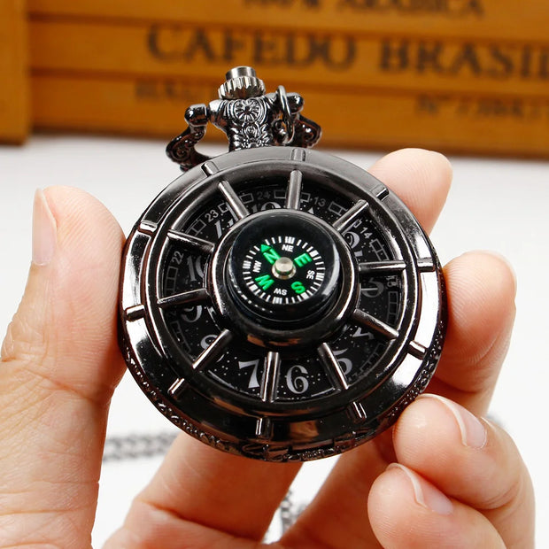 Vintage Black Compass Pocket Watch Cool Black Necklace Quartz Pocket Watches Pendant Gift for Men Women CF1382