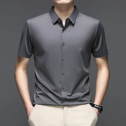 New Men's Business Casual Solid Color Short Sleeved Shirt for Summer Fashion No Ironing Comfortable and Versatile Top