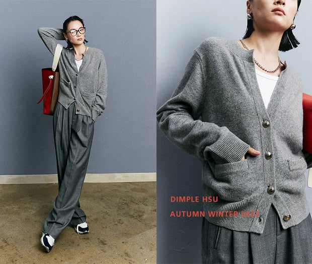 Autumn/Winter Knitted Loose Cardigan Jacket Pure Wool Sweater Temperament round Neck Slim Fit Long Sleeve Top for Women