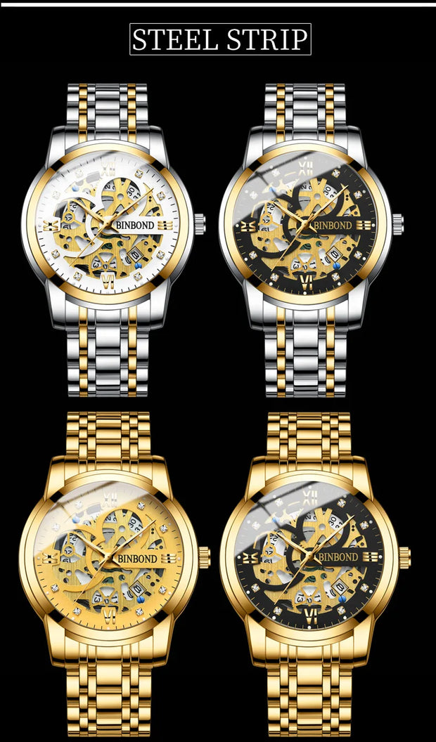 BINBOND Business New Automatic Non-Mechanical Quartz Watches 30M Waterproof Luminous Tourbillon Trendy Hollow Design Men Watches