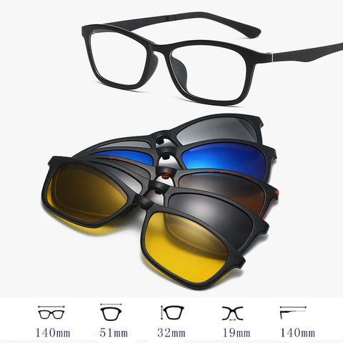 HDCRAFTER 6 In 1 Magnet Polarized Clip Glasses Frame Men TR90 Optical Myopia Clip Glasses For Men Prescription Eyeglasses Frame