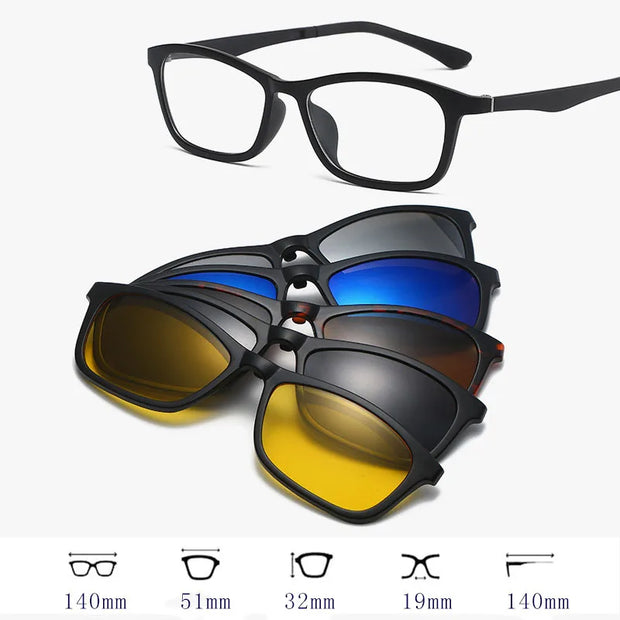 HDCRAFTER 6 In 1 Magnet Polarized Clip Glasses Frame Men TR90 Optical Myopia Clip Glasses For Men Prescription Eyeglasses Frame
