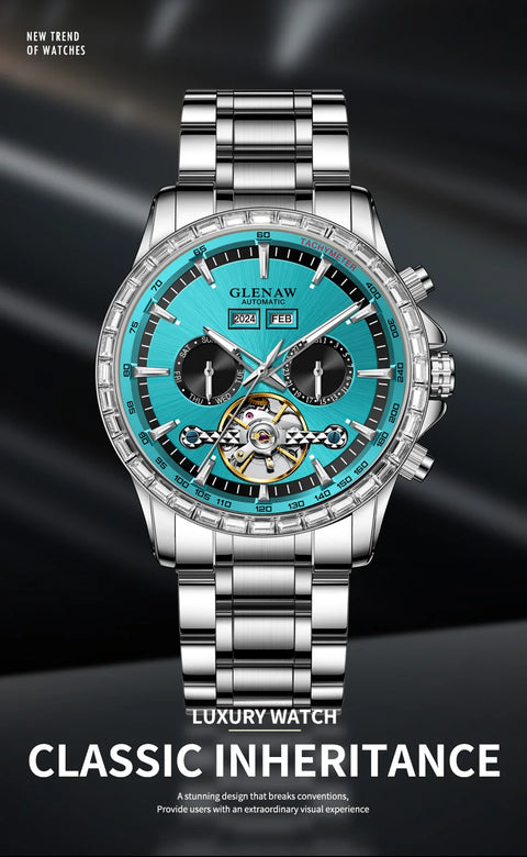 2025 Year Month Sunday Multi-functional Mechanical Watch GLENAW Watch Diamond Circle Stainless Steel Waterproof Luminous Watches