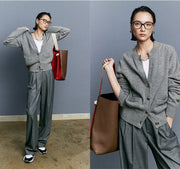 Autumn/Winter Knitted Loose Cardigan Jacket Pure Wool Sweater Temperament round Neck Slim Fit Long Sleeve Top for Women