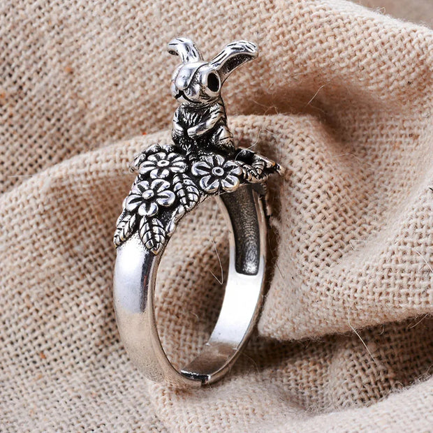 New Style Sweet Rabbit & Flower Retro Thai Silver Ladies Party Rings Wholesale Price For Women Birthday Gifts Never Fade
