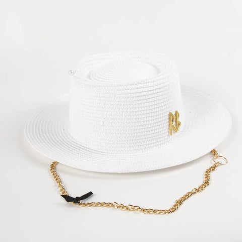 Fashionable Metal Letter Straw Hats for Women Men Summer Outdoor Holidays Beach Sun Hat Panama Hat