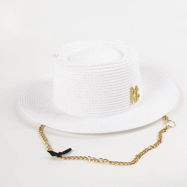 Fashionable Metal Letter Straw Hats for Women Men Summer Outdoor Holidays Beach Sun Hat Panama Hat