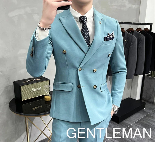 ( Jacket + Pants ) Brand Solid Color Formal Casual Business Office Double Buttons Suit Two-pcs Set Groom Wedding Dress Party