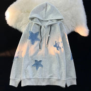 Streetwear Hoodies Women Stars Print Fashion Oversized Outwear Harajuku Casual Hooded Zipper Sweatshirt Jacket Korean Y2k Tops