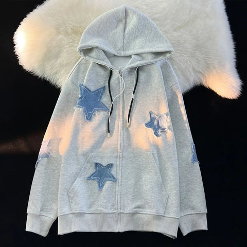 Streetwear Hoodies Women Stars Print Fashion Oversized Outwear Harajuku Casual Hooded Zipper Sweatshirt Jacket Korean Y2k Tops