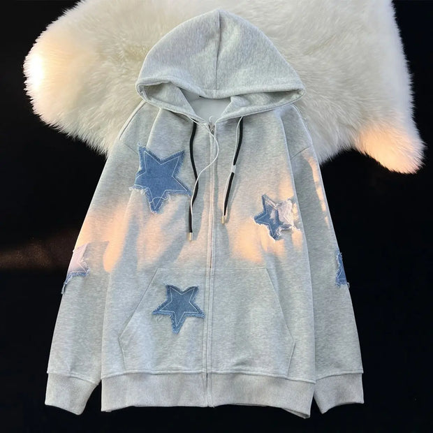 Streetwear Hoodies Women Stars Print Fashion Oversized Outwear Harajuku Casual Hooded Zipper Sweatshirt Jacket Korean Y2k Tops
