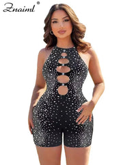 Znaiml Crystal Rhinestone Black Short Jumpsuit Club Outfits Women Sleeveless Hollow Out One Pieces Rompers Playsuits Birthday