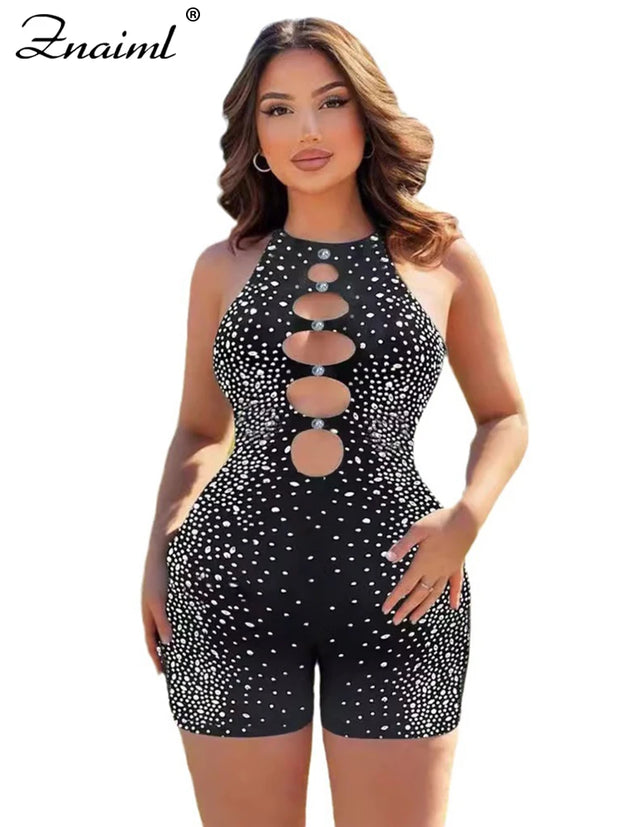 Znaiml Crystal Rhinestone Black Short Jumpsuit Club Outfits Women Sleeveless Hollow Out One Pieces Rompers Playsuits Birthday
