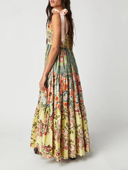 Imcute Women Summer Dresses Flowy Smocked Maxi Dress Sleeveless Tie Shoulder Boho Dresses Y2K Floral Beach Sundresses