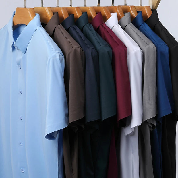 New Men's Business Casual Solid Color Short Sleeved Shirt for Summer Fashion No Ironing Comfortable and Versatile Top