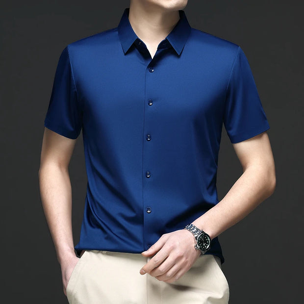 New Men's Business Casual Solid Color Short Sleeved Shirt for Summer Fashion No Ironing Comfortable and Versatile Top