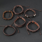 Punk Casual Bead6 Pc/set Tree Black Khaki Handmade Men Bracelets Male Women Leather Bracelets Men Bangle Wholesale Jewelry Gift