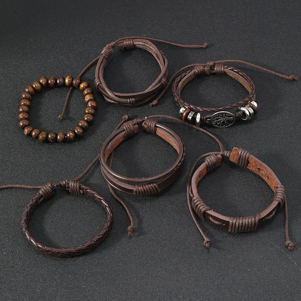 Punk Casual Bead6 Pc/set Tree Black Khaki Handmade Men Bracelets Male Women Leather Bracelets Men Bangle Wholesale Jewelry Gift