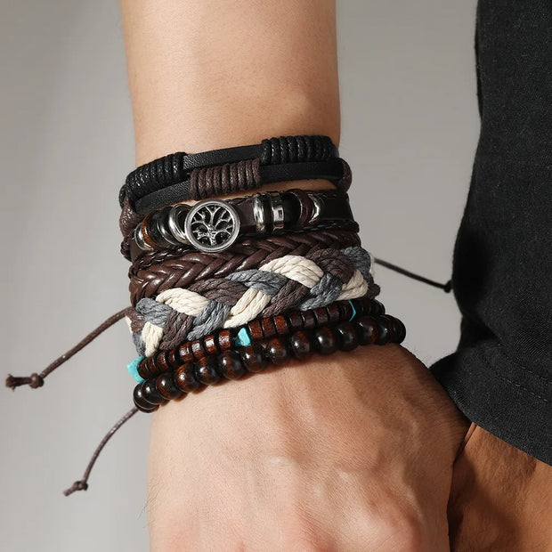 Punk Casual Bead6 Pc/set Tree Black Khaki Handmade Men Bracelets Male Women Leather Bracelets Men Bangle Wholesale Jewelry Gift