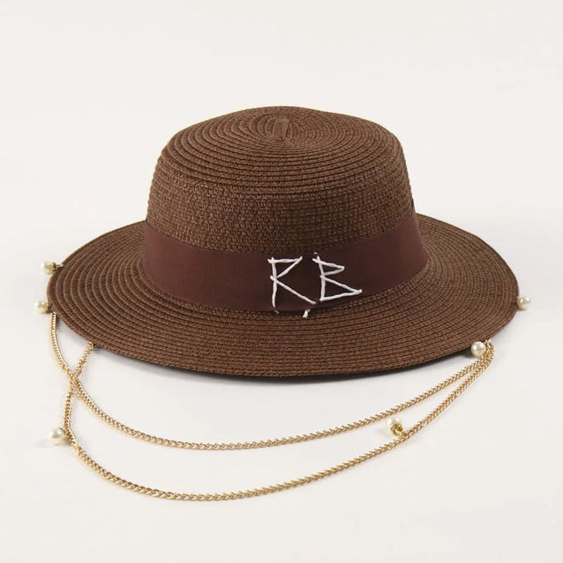 Fashionable Metal Letter Straw Hats for Women Men Summer Outdoor Holidays Beach Sun Hat Panama Hat