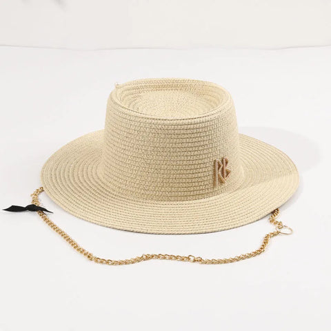 Fashionable Metal Letter Straw Hats for Women Men Summer Outdoor Holidays Beach Sun Hat Panama Hat