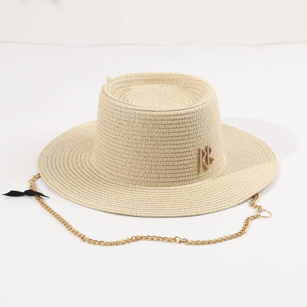 Fashionable Metal Letter Straw Hats for Women Men Summer Outdoor Holidays Beach Sun Hat Panama Hat