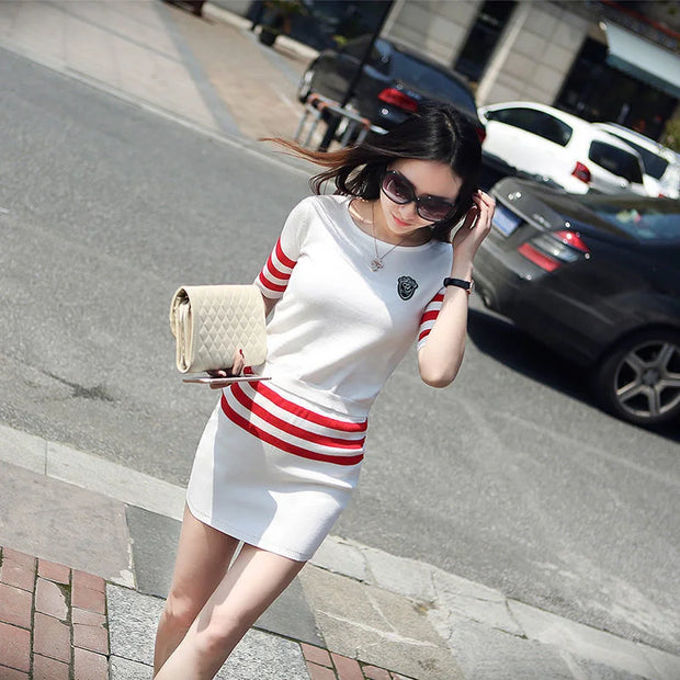 Women's Short Hip Wrap Skirt Suit 2024 Spring Summer New Fashion Stripe Knitted Crop Tops Dress Two Piece Set For Women Clothing
