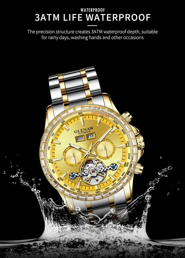 2025 Year Month Sunday Multi-functional Mechanical Watch GLENAW Watch Diamond Circle Stainless Steel Waterproof Luminous Watches