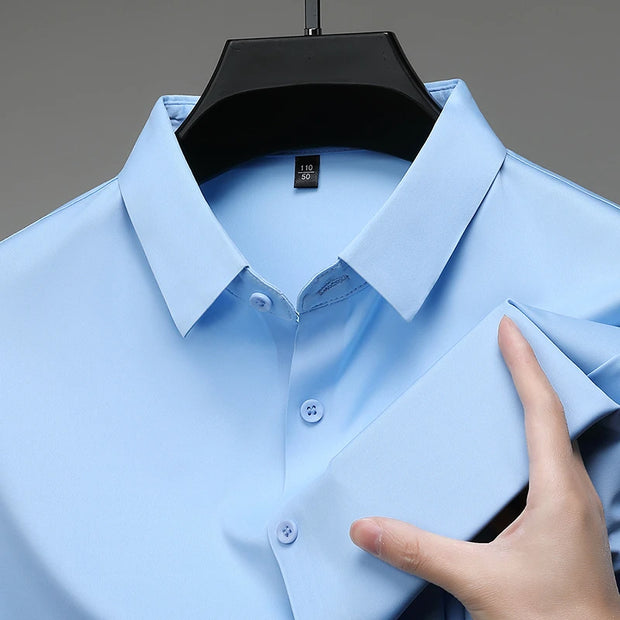 New Men's Business Casual Solid Color Short Sleeved Shirt for Summer Fashion No Ironing Comfortable and Versatile Top
