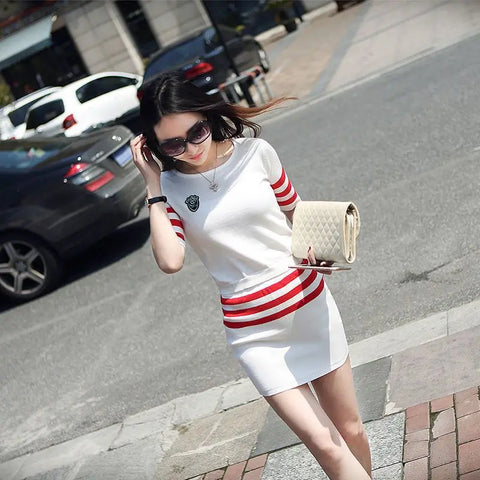 Women's Short Hip Wrap Skirt Suit 2024 Spring Summer New Fashion Stripe Knitted Crop Tops Dress Two Piece Set For Women Clothing