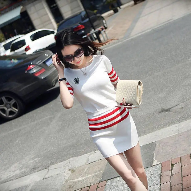 Women's Short Hip Wrap Skirt Suit 2024 Spring Summer New Fashion Stripe Knitted Crop Tops Dress Two Piece Set For Women Clothing