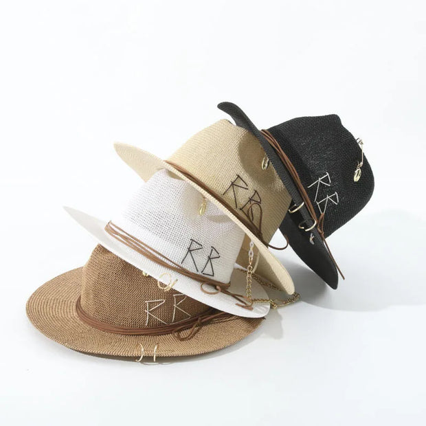 Fashionable Metal Letter Straw Hats for Women Men Summer Outdoor Holidays Beach Sun Hat Panama Hat
