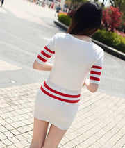 Women's Short Hip Wrap Skirt Suit 2024 Spring Summer New Fashion Stripe Knitted Crop Tops Dress Two Piece Set For Women Clothing