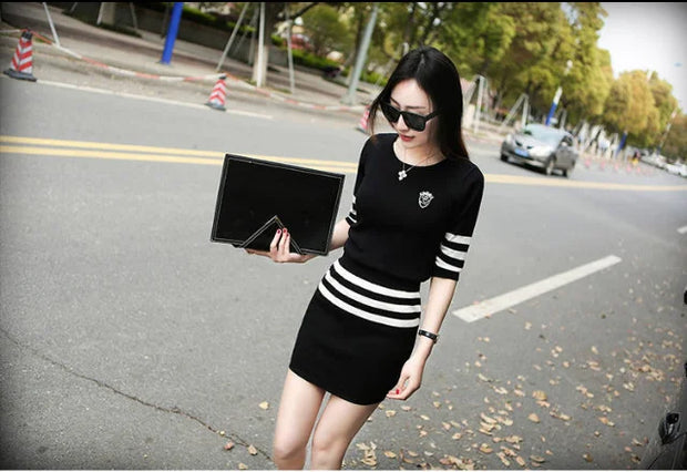 Women's Short Hip Wrap Skirt Suit 2024 Spring Summer New Fashion Stripe Knitted Crop Tops Dress Two Piece Set For Women Clothing