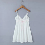 2023 Sexy Pink Spliced Embroidery Lace Deep V neck Mini Sling Dress Women Adjust Bow Ribbon Back Backless Party Robe Holiday
