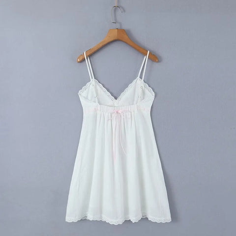 2023 Sexy Pink Spliced Embroidery Lace Deep V neck Mini Sling Dress Women Adjust Bow Ribbon Back Backless Party Robe Holiday
