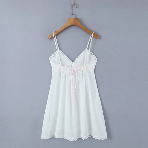 2023 Sexy Pink Spliced Embroidery Lace Deep V neck Mini Sling Dress Women Adjust Bow Ribbon Back Backless Party Robe Holiday