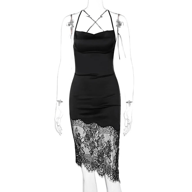 Dulzura Lace Patchwork Satin Mini Dress Women Bodycon Sexy Lace Up Backless Short Dress Party Elegant Clothes Birthday Evening