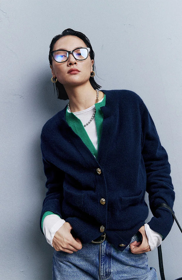 Autumn/Winter Knitted Loose Cardigan Jacket Pure Wool Sweater Temperament round Neck Slim Fit Long Sleeve Top for Women