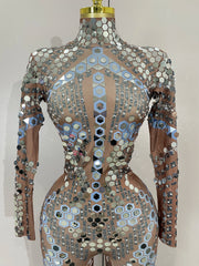 Sexy Shiny Silver Sequins Mirror Black Spandex Jumpsuit 2025 Women Prom Dancer Singer Costume Evening Birthday Show Stage Outfit