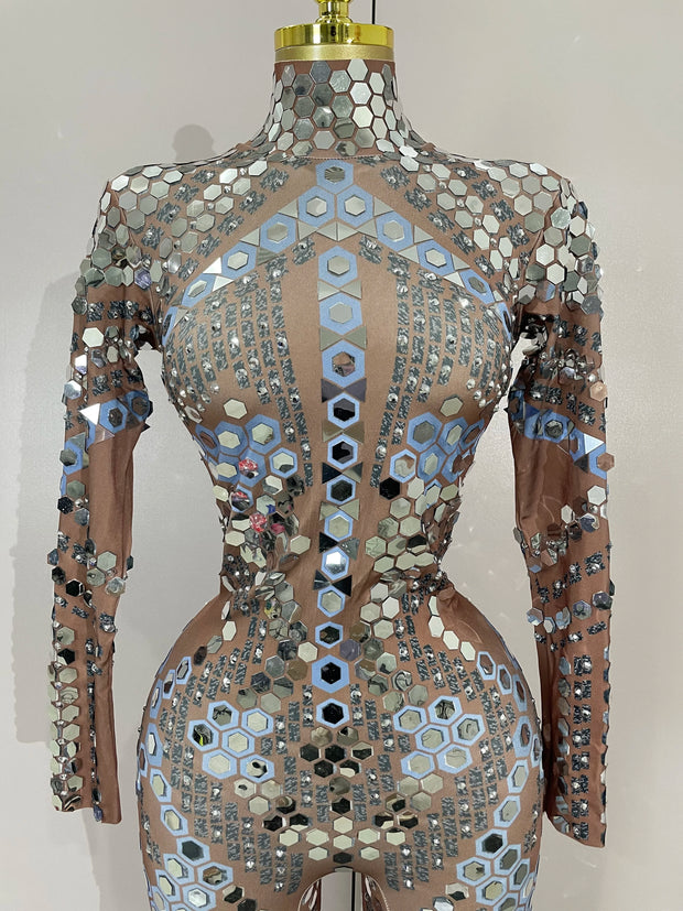 Sexy Shiny Silver Sequins Mirror Black Spandex Jumpsuit 2025 Women Prom Dancer Singer Costume Evening Birthday Show Stage Outfit