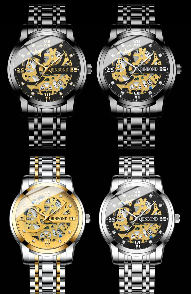 BINBOND Business New Automatic Non-Mechanical Quartz Watches 30M Waterproof Luminous Tourbillon Trendy Hollow Design Men Watches