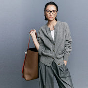 Autumn/Winter Knitted Loose Cardigan Jacket Pure Wool Sweater Temperament round Neck Slim Fit Long Sleeve Top for Women