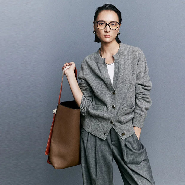Autumn/Winter Knitted Loose Cardigan Jacket Pure Wool Sweater Temperament round Neck Slim Fit Long Sleeve Top for Women
