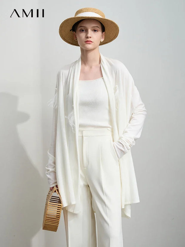 AMII Minimalist Women's Wool Cardigan 2025 Autumn New Gentle French Pearls Plume Tops Drop Sleeves Knitted Sweater 12541113