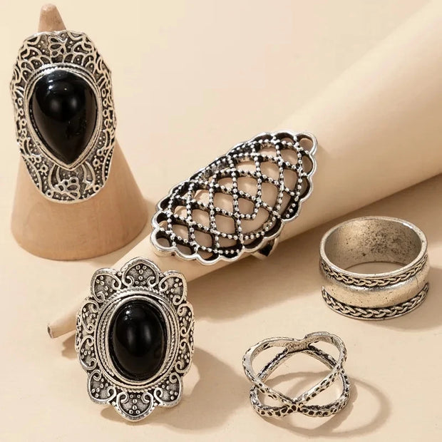 Tocona 5pcs/sets Vintage Silver Color Geometric Joint Ring for Women Black Crystal Stone Cross Party Jewelry Accessories 17196