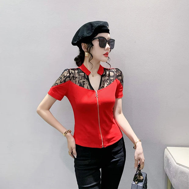 Summer European Clothes Sexy V Necks T-Shirt Women Embroidery Lace Front Zipper Slim Tops